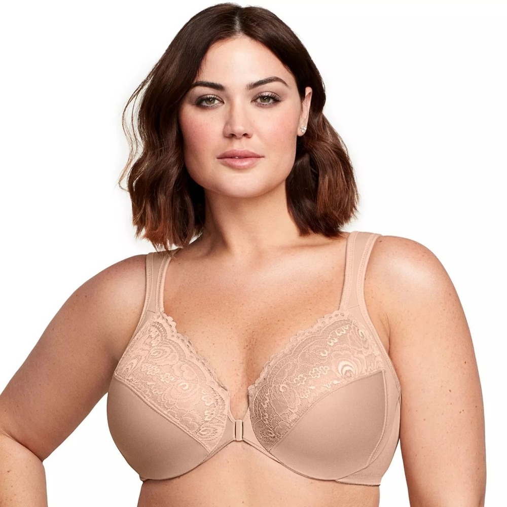Glamorise Full Figure Wonderwire Front Close Bra Womens 44B Tan Cade Lace 1245